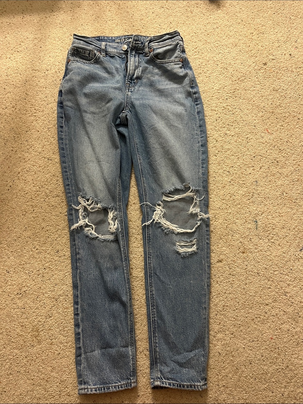 American Eagle Outfitters Distressed Straight-Leg Jeans - Blue